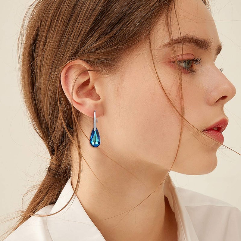 EleQueen 925 Sterling Silver CZ Teardrop Hook Dangle Earrings Bermuda Blue Made with Austrian Crystals, Valentine's Day/Mother's Day/Christmas Jewelry Gift - Image 3
